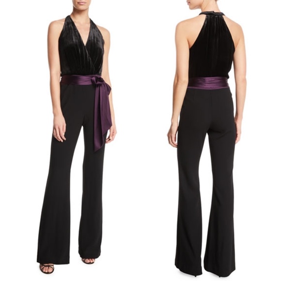 Ramy Brook Pants - NWT Ramy Brook Nina Velvet Jumpsuit in Black/Merlot Size 8 Satin Sash